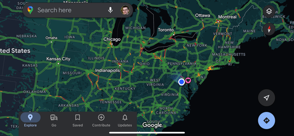 A screenshot showing the eastern us map, on it you can see the red traffic flowing along the path of the 2024 solar eclipse.