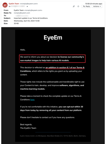 An email is displayed with text discussing updates to terms and conditions, specifically about licensing images for AI training. The sender is 'EyeEm Team' and the subject is 'Important update in our Terms & Conditions'.