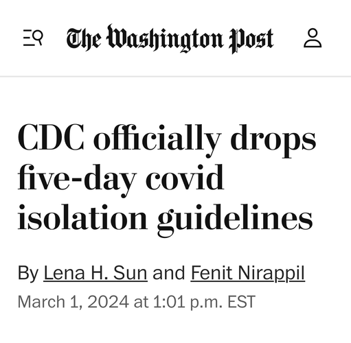 Washington Post: CDC officially drops five-day covid isolation guidelines