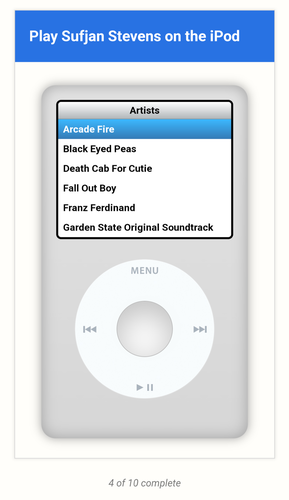 An interface that looks like the Google captcha test, but inside the box is a classic iPod with scroll wheel, along with the prompt "play Sufjan Stevens on the iPod".