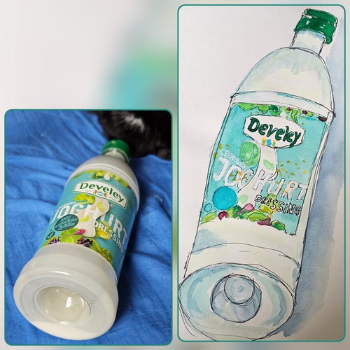 Original und Aquarell: durchsichtige Flasche mit Joghurtdressing ohne Kräuter 