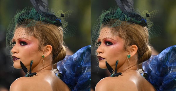 Two side by side images of Zendaya in a very organic gown made of deep emerald, sapphire blue & black fabrics and with the changes I mentioned in the post made to the image on the left.
