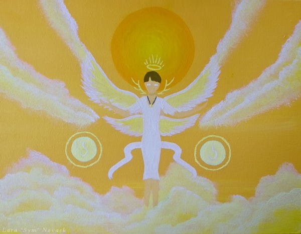 The sun rises over a bed of warm, bright clouds as an angel dressed in white robes floats in the golden light.