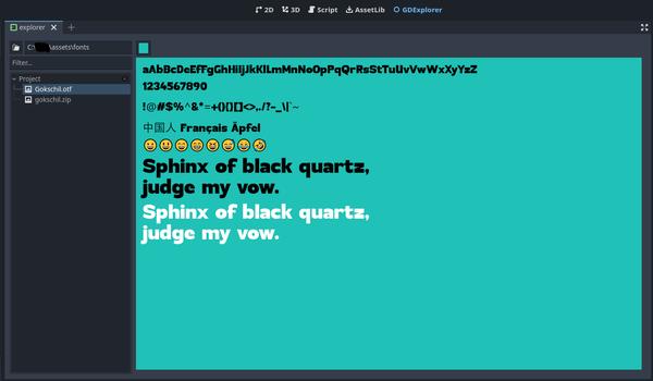A screenshot of the Godot UI, focused on a new tab called 'GD Explorer'. The preview is currently showing a font called 'Gokschil.otf', with various kinds of text, including all aschi chars, chinese french and german, emojis, and a few example sentances (Sphinx of black quartz judge my vow)
