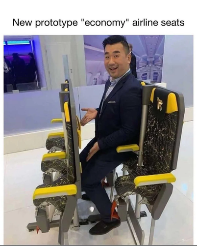 A prototype airline seat so tiny that you're basically supported by your knees and butt. You sit up straight without any recline.