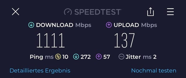 Screenshot of Speedtest with 1111 MBit/s down and 137 up. 10ms ping.