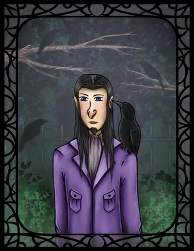 Cartoon style drawing of a slim man with long face, long black hair and small devil-like beard. He is wearing purple coat and has crow or raven on his left shoulder. There are more black birds on blurred trees in the background. Picture is framed with black patterns.