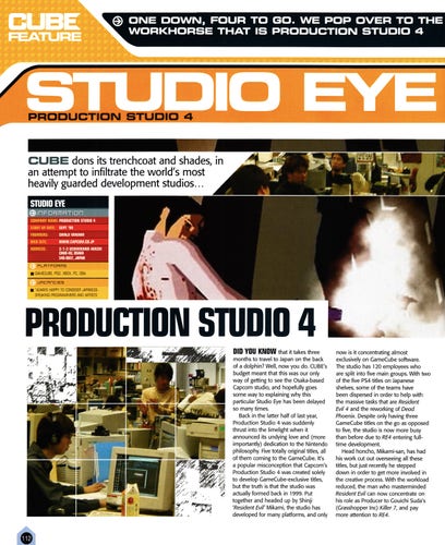 Studio Eye feature on Capcom Production Studio 4, including an interview with Hiroyuki Kobayashi.
Taken from Cube 21 - August 2003 (UK) 