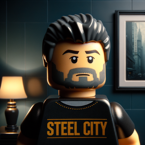 Me as a lego character, wearing a black and gold (all of our sports teams' colors), in a house with colorful walls and art on the wall