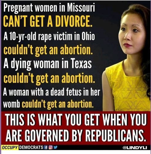 "Pregnant women in Missouri can't get a divorce.
"A 10-yr-old rape victim in Ohio couldn't get and abortion.
"A dying woman in Texas couldn't get an abortion.
"A woman with a dead fetus in her womb couldn't get an abortion.
"This is what you get when we ARE GOVERNED BY REPUBLICANS."
Posted by Occupy Democrats and Lindy Li
