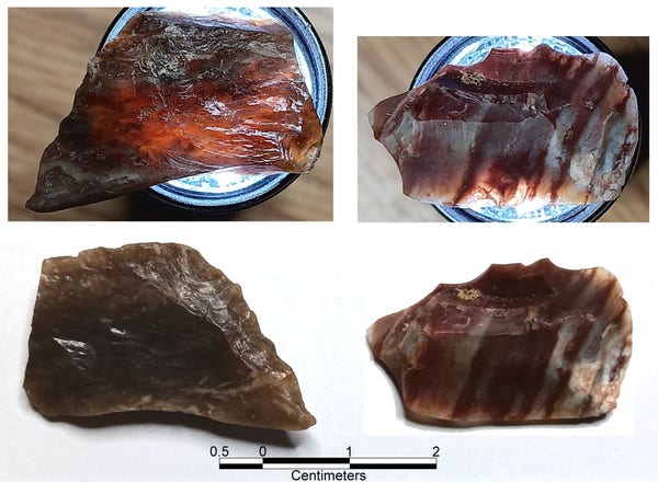 Left) 2 views of a translucent medium brown rock with white to beige streaks & mottles. One view has a backlight to show translucency. Right) A flake with very dark red bands separated unevenly with white to pale lavender bands. One view is backlit to show translucency.