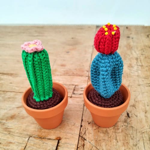 Two crochet cactuses in small flower pots.
