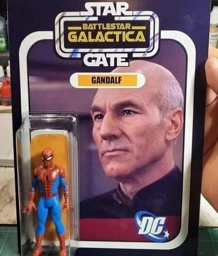 Spiderman toy in packaging that has a huge photo of Captain Picard from Star Trek.

Text:

Star Gate
Battlestar Galactica
Gandalf