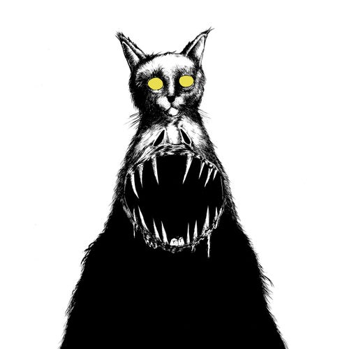 Créature étrange qui ressemble à un chat, avec les yeux jaunes et une gigantesque bouche au milieu du torse, avec des dents très pointues