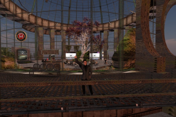 My Metropolis avatar, waving good-bye at the on-looker from the Metropolis welcome building. A detailed image description can be accessed via the link which can be found either below the image or above the hashtags, depending on where you are.