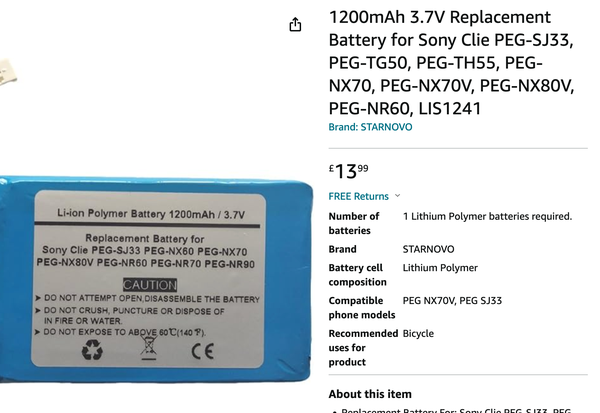 Amazon listing for a replacement battery for various Sony Clie PDAs, £13.99 from “Starnovo” brand. The specs include “Recommended uses for product: Bicycle”