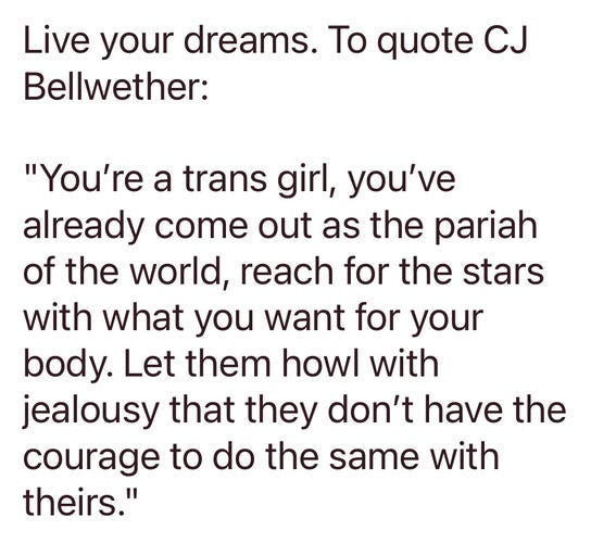 Live your dreams. To quote CJ
Bellwether:
"You're a trans girl, you've already come out as the pariah of the world, reach for the stars with what you want for your body. Let them howl with jealousy that they don't have the courage to do the same with theirs."