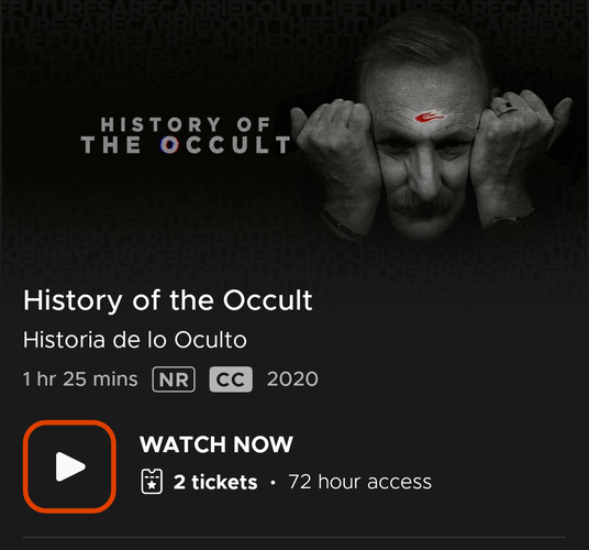 Screenshot from Kanopy of the movie HISTORY OF THE OCCULT. A man has his face between his hands made into fists, with a symbol in red on his forehead.