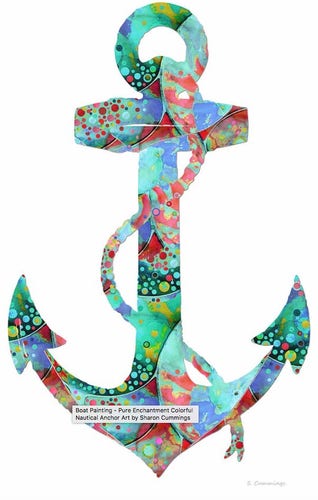 Colorful anchor in blues, aqua, green, coral, yellow and red by artist and poet Sharon Cummings.  Haiku in post.