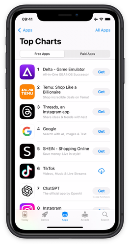 A screenshot of the App Store showing Delta at the top of the Free Apps Charts.