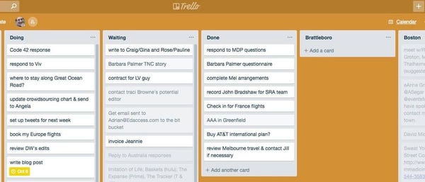 Kanban and Getting Things Done: A screenshot of a Trello project showing Doing, Writing, Done, Brattleboro, and Boston lists