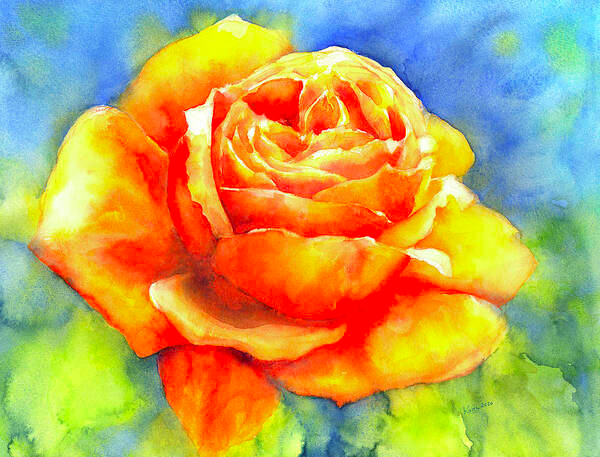 Perfume of a Rose is a watercolor painting in landscape format painted by artist Karen Kaspar. A beautiful Rose blossom in vibrant shades of orange, peach and yellow with green leaves is painted on an abstracted background in shades of blue.