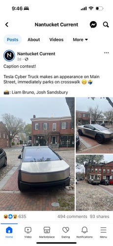 Facebook post from the Nantucket Current: Tesla Cyber Truck makes an appearance on Main Street, immediately parks on crosswalk.