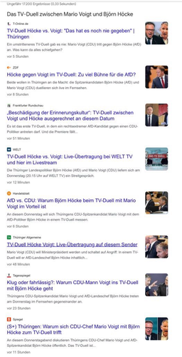 Bild zeigt einen Screenshot der Resultate einer Google-Suche mit „TV-Duell“. Der Begriff wird vom ZDF, dem Handelsblatt, dem MDR, dem Tagesspiegel, der Frankfurter Rundschau oder dem Spiegel usw. verwendet.