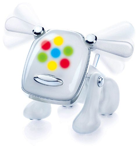 A picture of the hasbro e-dog with it's led flashing and it's ears flapping 