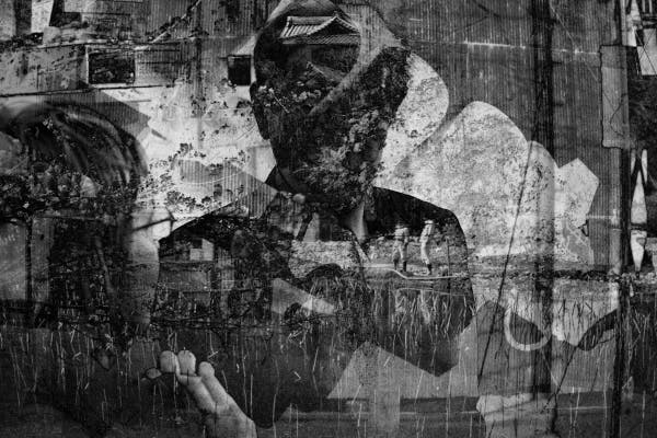 This image is a montage of multi-layered black and white photographs from Japan showing, buildings, people, streets merged into one abstract, richly textured and fragmented picture combining positive and negative elements. 

In Oracle, the head and shoulders of a large and ghostly male figure stands in blended silhouette against an abstracted Japanese landscape with small figures by a lake, and is approached by a questioning and transitory female figure. 