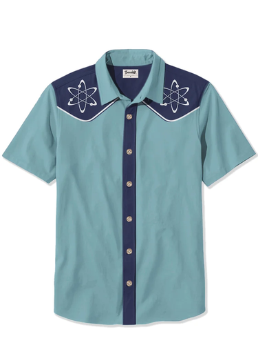 A light blue buttondown shirt with silverish buttons. It has a dark blue stripe down the middle, and dark blue shoulders. The shoulders are emblazoned with cartoon atoms. It looks vaguely like a uniform for a space squadron. 