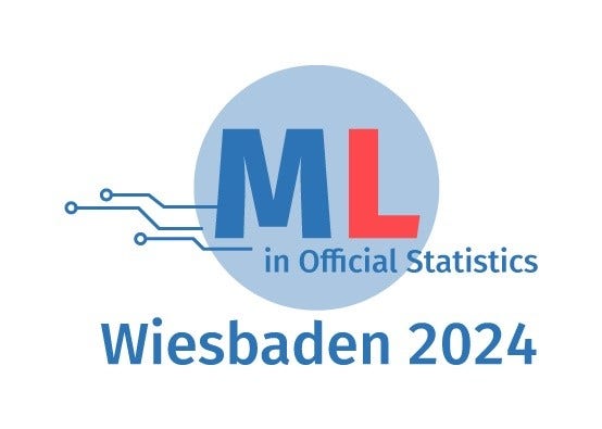 Logo der Konferenz: "ML in Official Statistics" Wiesbaden 2024. Das Logo ist ein hellblauer Kreis mit dunkelblauen Datenlinien, die auf ihn zulaufen.