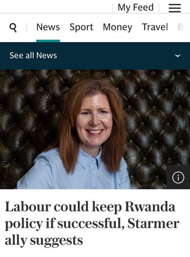Picture of grinning friend of genocide and defiler of migrant rights, Jenny Chapman, has an interview in the Telegraph.
Headline
Labour could keep Rwanda policy if successful, Starmer ally suggests