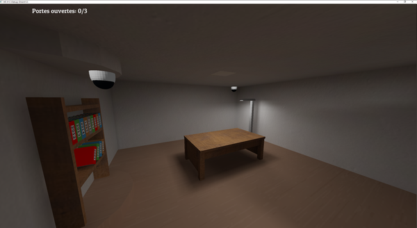 A screenshot of PsyCam: a desk room with a small library and 2 CCTVs on the ceiling.