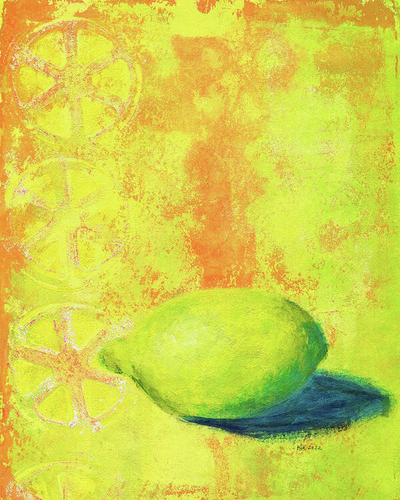 Dreaming of lemonade is an acrylic painting in portrait format, painted by the artist Karen Kaspar.
A single fresh juicy lemon dreams of becoming a delicious lemonade. The lemon is realistically painted in fresh yellow and green. The background in yellow and orange tones is abstract and you can recognise slices of lemon. 