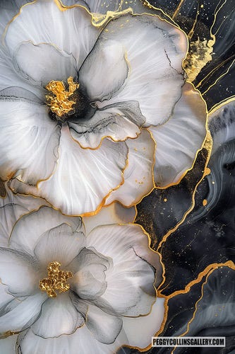 Abstract artwork of two gardenia flowers in white, black, gray and gold, by artist Peggy Collins.
