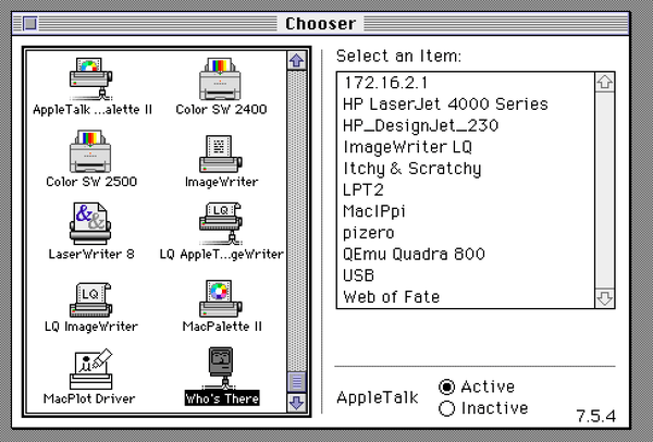 A screenshot of the classic Mac Chooser. The item "Who's There" is highlighted with a list full of devices like printers and computers on the right side.