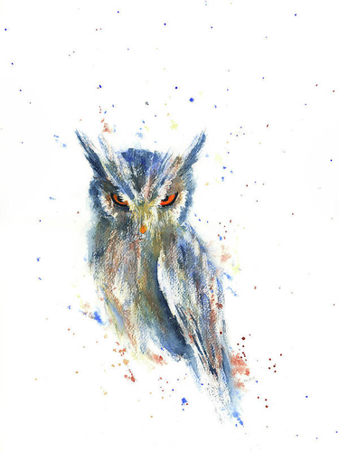 I am watching you is a watercolor painting in portrait format painted by the artist Karen Kaspar. An owl is sitting on a branch. It has lowered its head and looks at the viewer with a penetrating gaze from its bright orange eyes. The plumage is painted with loose brushstrokes in shades of blue and brown. The background is white with splashes of colour in the same shades as the owl's feathers.