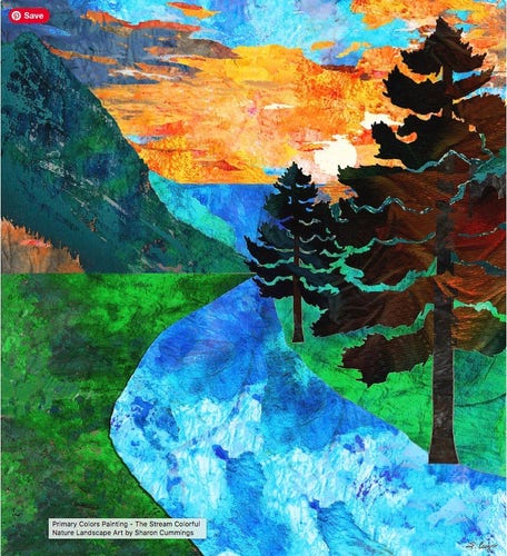 Colorful landscape collage art with mountains, stream and ocean.  Tall pines.  Artwork by artist and poet Sharon Cummings.  Haiku in post.