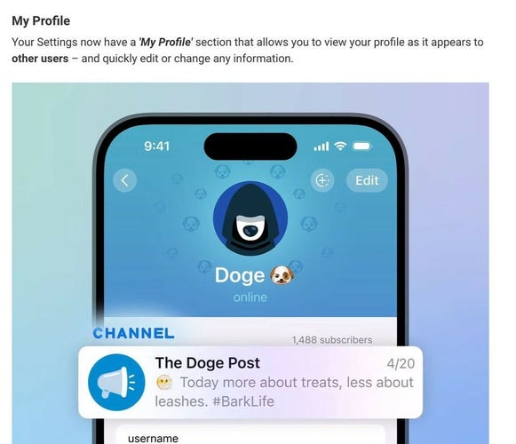 Picture of official Telegram help post featuring an account named "Doge" with 1,488 subscribers - please keep in mind this is not a real account, this is the company itself telling you about feature updates and CLEARLY signaling their support for white nationalism/neo-nazis (and Elon Musk's favorite crypto project.)

Google "white nationalism" and "1488."