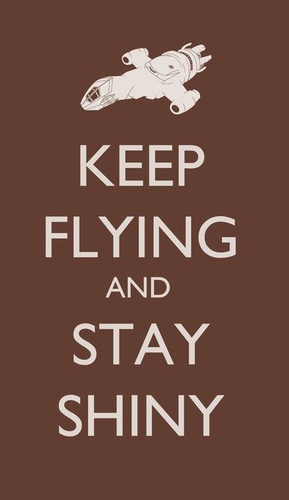 In the style of "Keep Calm and Carry On" posters, this one is a brown background with a picture of the space ship Serenity from the show Firefly.

Underneath in large capitals it says, "Keep flying and stay shiny"