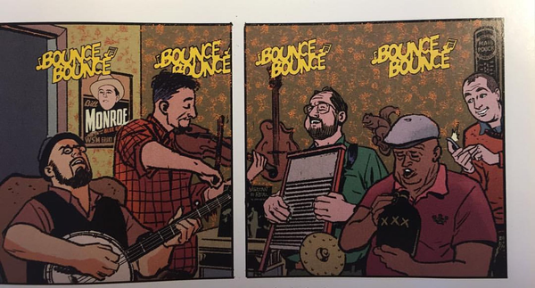 Two #comics panels of a bluegrass band: banjo, fiddle, washboard, and jug. They're playing the "Bounce Bounce" part of the song.