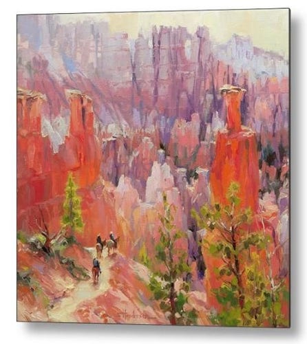 Metal art print of an original oil painting depicting a group of people on mules heading down a trail into Bryce Canyon.