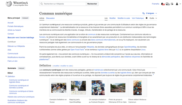Copie d'écran de l'article "Commun numérique" de la version en langue française de Wikipédia.