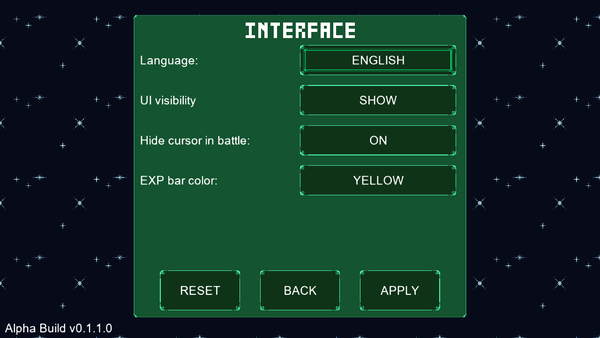 A WIP screenshot of Potatostrike.

It shows one of the new Option menu sections. This one is for Interface settings, anything that involves the in-game UI elements.

Here, players can change the language of the game, the UI's visibility, the mouse cursor's visibility, and the color of the EXP bar.

If anyone wants to see a specific setting added, feel free to let me know!