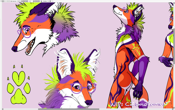 Cropped screenshot of a reference sheet in progress for a vibrant furred maned wolf character!