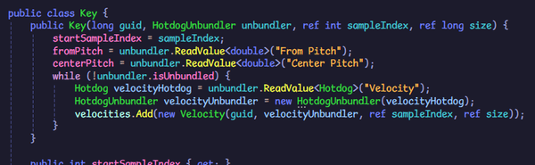 A lot of programming code from a C# class for the definition of a key in a musical instrument. A HotdogUnbundler is reading the key's velocities into Hotdogs.