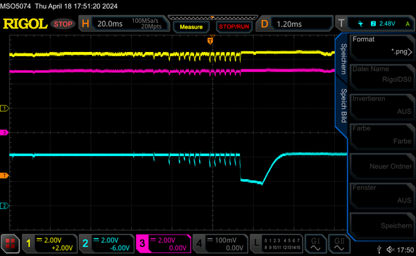 Scope screenshot illustrating the cause of the problems: Voltage drops. 