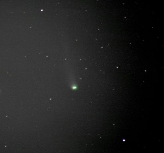 Green comet Pons-Brooks at centre. Numerous stars dotted around. 