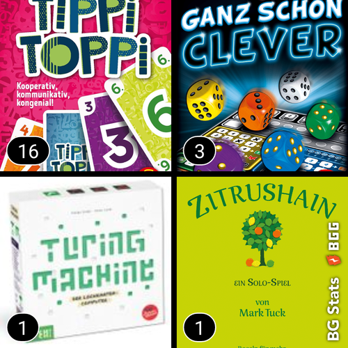 16: Tippi Toppi;
3: Ganz Schön Clever;
1: Turing Machine;
1: Zitrushain.